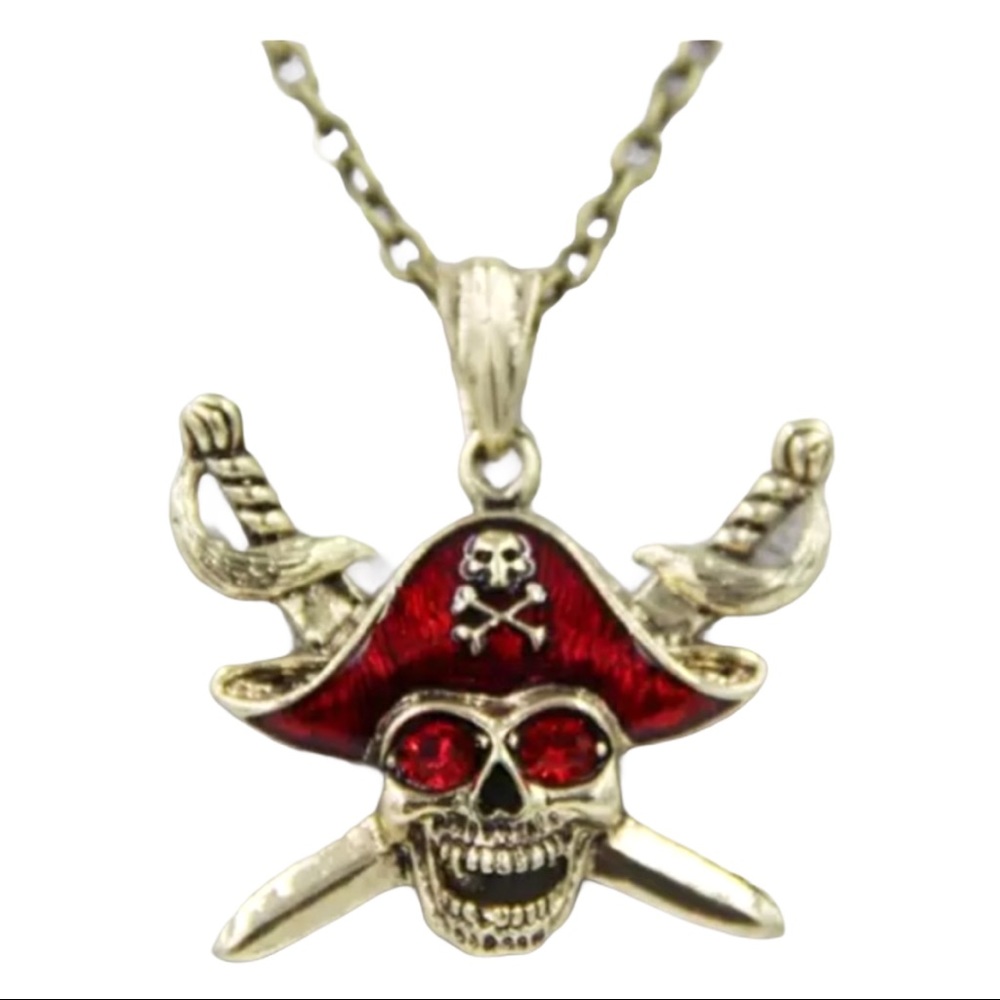 Red Pirate Skull with Double Swords Necklace